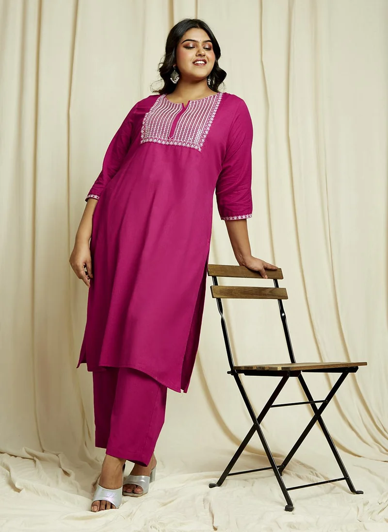 globus Globus Gloplus Women Pink Sequinned & Embroidered Yoke Straight Plus Size Kurta With Wide Leg Pants Festive Set
